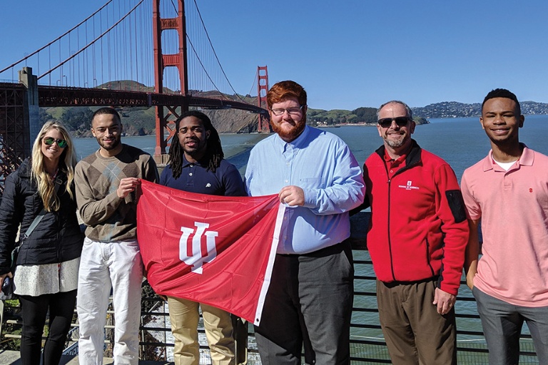 Students and Dean Chauret on a KEY trip in front of Golden Gate Bridge, San Francisco, California.