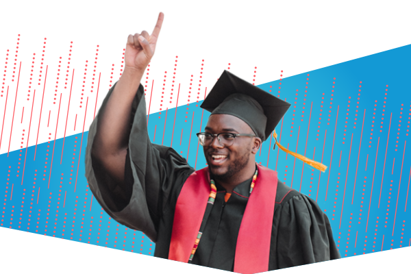 Graduate pointing in the air over a colorful geometric background