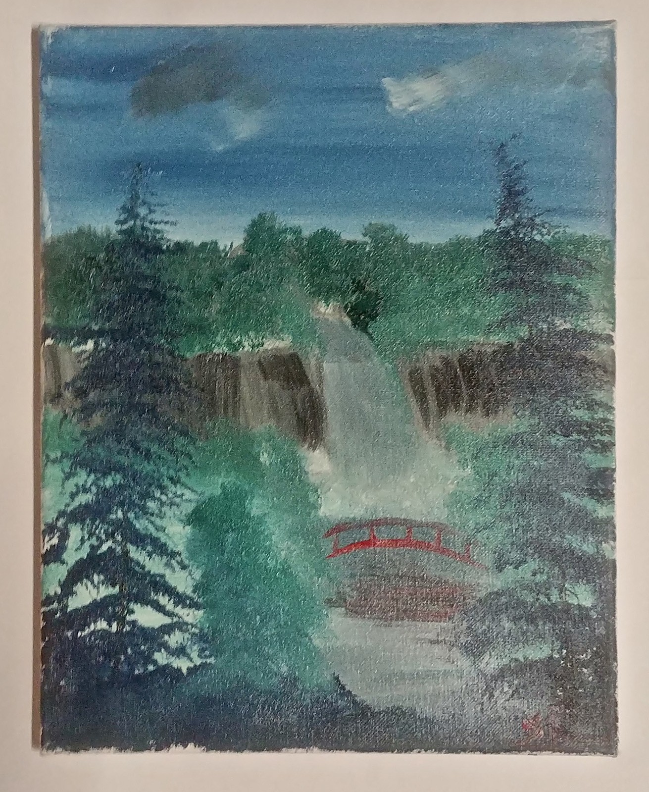 “Bridge and Waterfall” by Samuel Robinson, oil on canvas