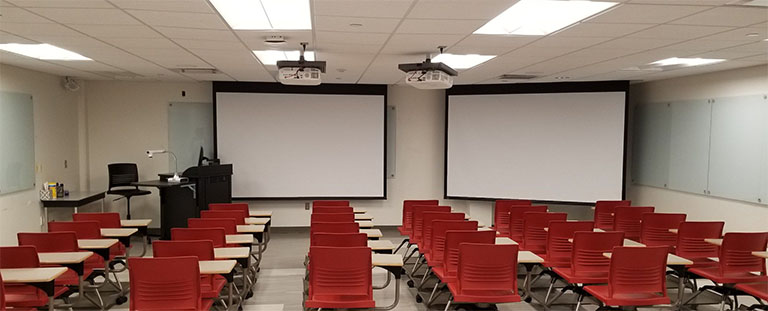 Classroom with dual projectors.