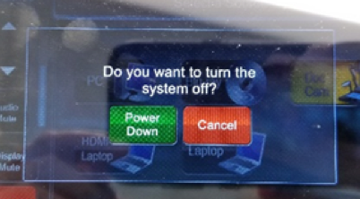 "Power Down" screen on the touch panel display.